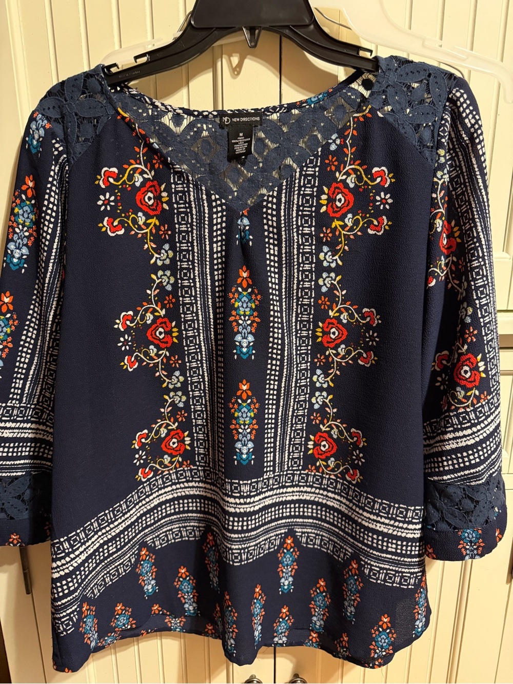 new directions Navy Floral Lace-Trim Tunic